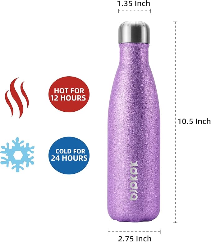BJPKPK Insulated Water Bottles -17oz/500ml -Stainless Steel Water Bottles,Sports Water Bottles Keep Cold for 24 Hours and Hot for 12 Hours,BPA Free Water Bottle,Glitter Purple