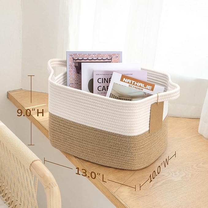 Goodpick Woven Storage Baskets for Organizing, Dog Toy Basket Medium Empty Gift Basket with Handles, Square Wicker Basket, White and Jute Storage Bin, 13.5 x 11 x 9.5 Inches