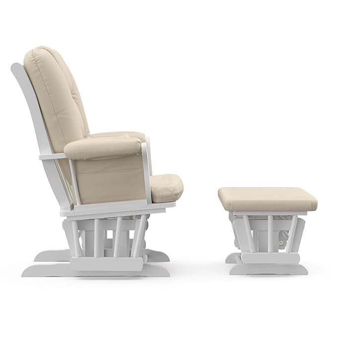 Storkcraft Tuscany Custom Glider and Ottoman with Free Lumbar Pillow (White/Beige) - Cleanable Upholstered Comfort Rocking Nursery Chair with Ottoman