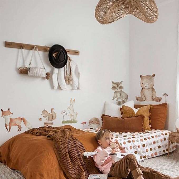 Removable Animals Wall Decals, Fox, Bear, Rabbit, Racoon, Animals Wall Baby Room Stickers, Animal Stickers for Nursery Kids, Bedroom, Playroom, Bathroom Decor