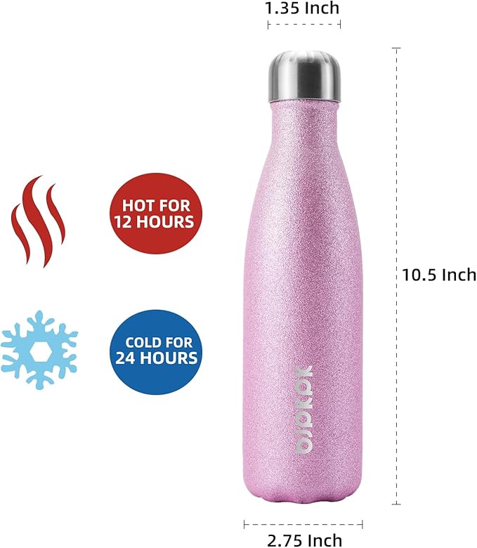 BJPKPK Insulated Water Bottles -17oz/500ml -Stainless Steel Water Bottles,Sports Water Bottles Keep Cold for 24 Hours and Hot for 12 Hours,BPA Free Water Bottle,Glitter Gold