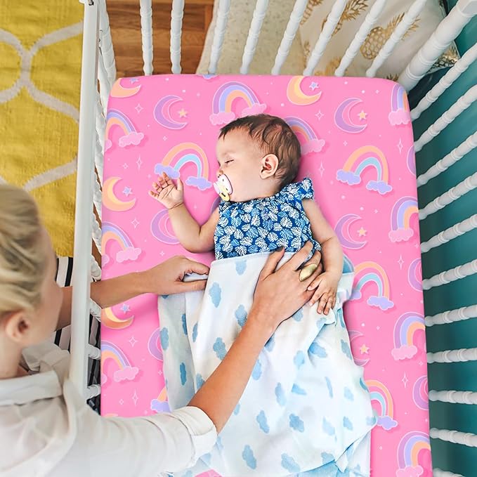 JISEN Baby Crib Sheets Soft Breathable Pink Rainbows Fitted Crib Sheets Baby Sheet for Standard Crib and Toddler Mattress Baby Bed Sheets for Crib for Baby Boys Girls Neutral 52x28 Inch