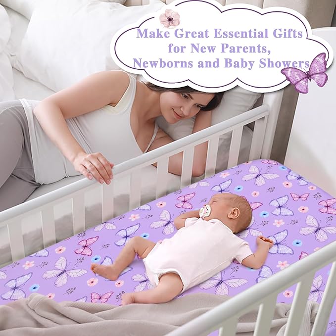 JISEN Baby Crib Sheets Soft Breathable Butterfly Fitted Crib Sheets Baby Sheet for Standard Crib and Toddler Mattress Baby Bed Sheets for Crib for Baby Boys Girls Neutral 52x28 Inch