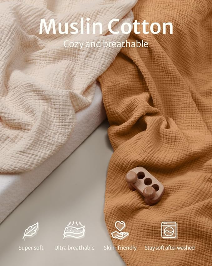 Blissful Diary Muslin Mini Crib Sheets, Pack and Play Mattress Sheets Fitted for Pack N Play, Soft Cotton for Boys Girls, 2 Pack(Retro Yellow&Beige)