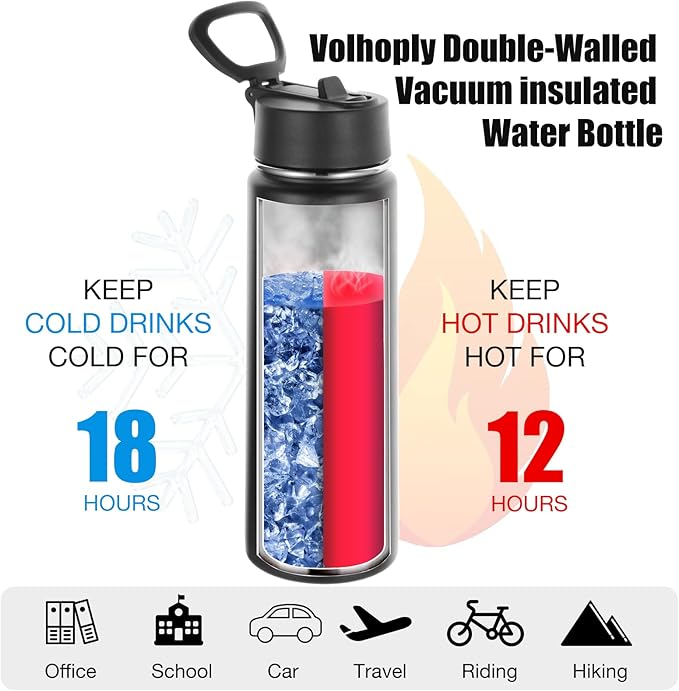 Volhoply 24oz Insulated Water Bottle With Straw Bulk 6 Pack,Metal Wide Mouth Water Bottles With Handle Lid Keep Cold,Reusable Double Wall Thermos,Powder Coated Sport Bottle For Holder(Mix,6 Count)