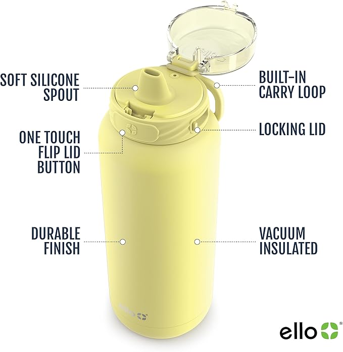 Ello Cooper 22oz Stainless Steel Water Bottle with Straw and Carry Handle, Double Walled and Vacuum Insulated Metal, Leak Proof Locking Lid with Soft Silicone Spout, Reusable, BPA Free, Antigua