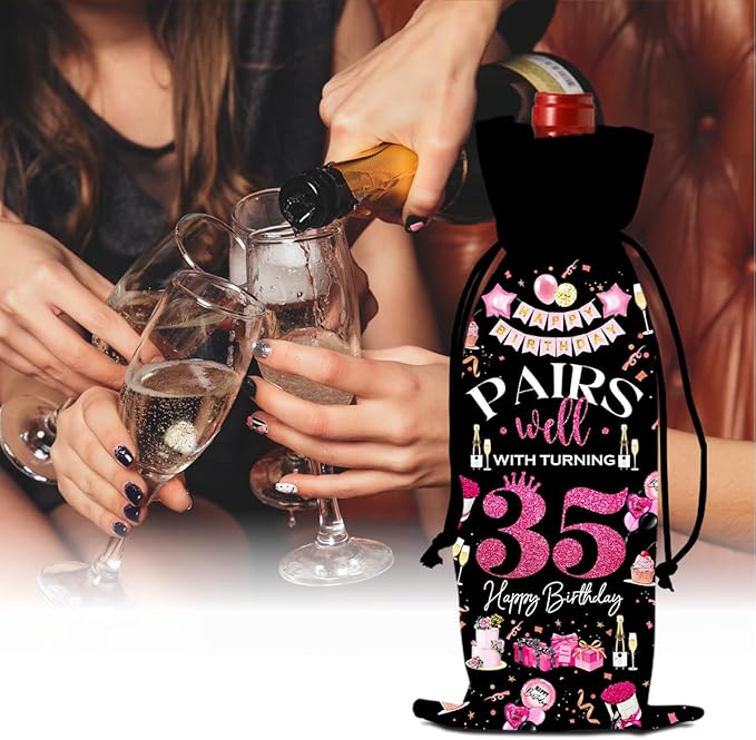 35th Birthday Gifts for Women Men Wine Bags, 35 Year Old Birthday Gifts for Women Men, Happy 35th Birthday Party Decorations for Women Men, Pairs Well with Turning 35 Wine Bags (Black Pink)