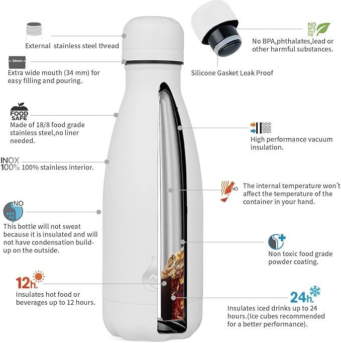 BJPKPK Insulated Water Bottle 12oz Stainless Steel Water Bottles For Travel Keep Cold And Hot,White