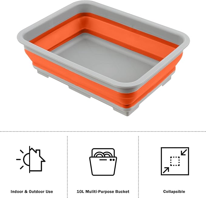 Set of 2 Multipurpose Wash Bins – 10-Liter Basins for Travel or Cleaning – Collapsible Bucket Camping Accessories by Wakeman (Orange)