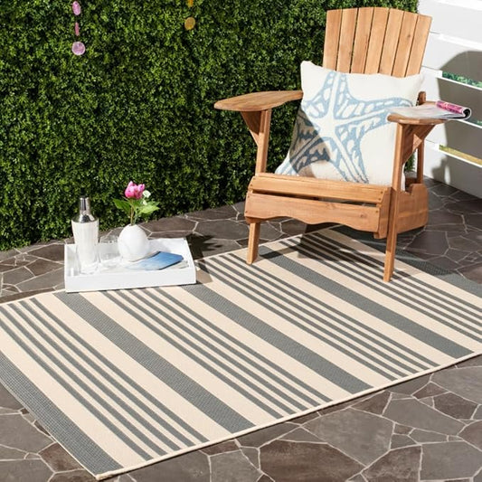 SAFAVIEH Courtyard Collection Area Rug - 6'7" x 9'6", Grey & Bone, Stripe Design, Non-Shedding & Easy Care, Indoor/Outdoor & Washable-Ideal for Patio, Backyard, Mudroom (CY6062-236)