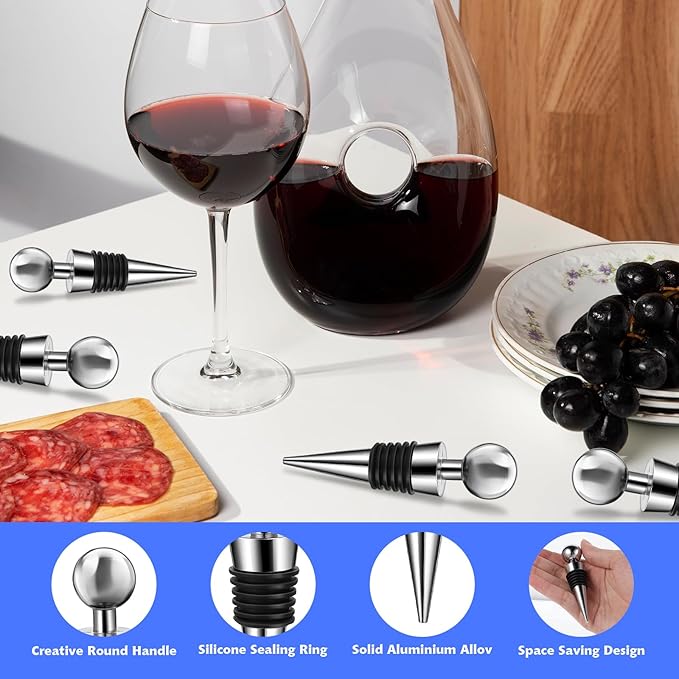4 Set Wine Stoppers Vacuum Aluminium Silicone Wine Bottle Stopper Reusable, Leak-Proof Wine Corks Caps for Bar, Party, Camping, And Wedding