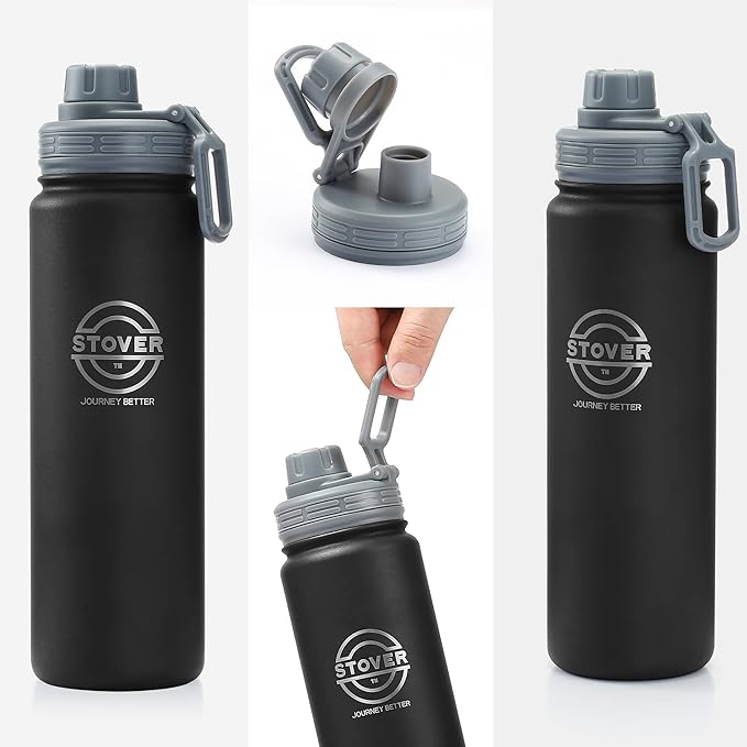 STOVER 25oz Insulated Water Bottle, Wide Mouth Double-Walled Stainless Steel- Vacuum Sealed, Leakproof, Durable, Slim Design Fits in Cup Holder- Flip Top Lid/Spout for Travel- Women/Men (Black)
