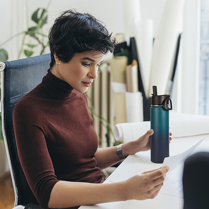 Volhoply 24oz Insulated Water Bottle With Straw Bulk 3 Pack,Metal Wide Mouth Water Bottles With Handle Keep Cold,Reusable Double Wall Thermos,Powder Coated Sport Bottle For Holder(Dark Night,3 Count)