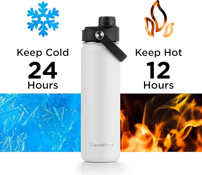ThermoProof Hot & Cold Insulated Stainless Steel Water Bottle, Durable Leak Proof Gym Bottles for Men, Women & Kids, Double Walled Vacuum Bottles - 2 Lids (White, 22oz)