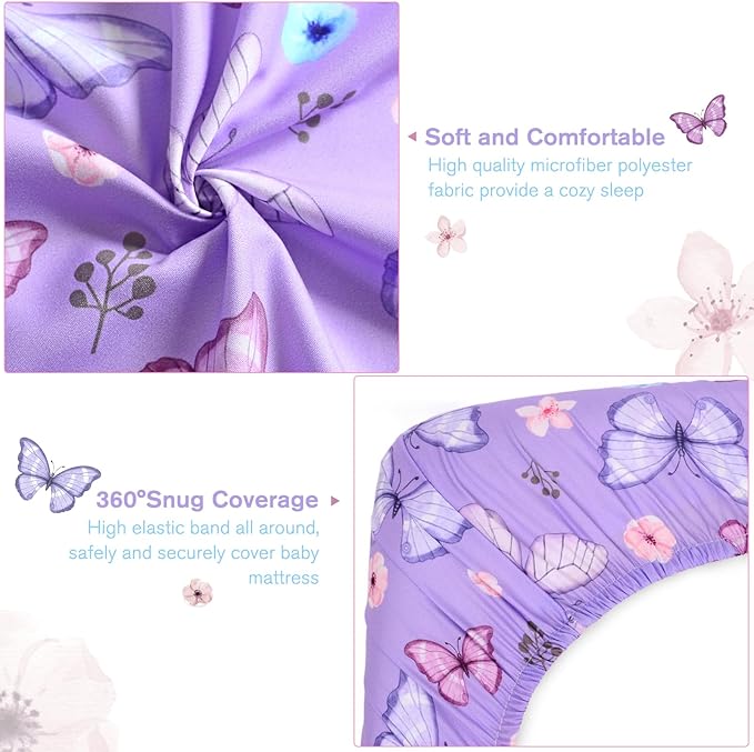 JISEN Baby Crib Sheets Soft Breathable Butterfly Fitted Crib Sheets Baby Sheet for Standard Crib and Toddler Mattress Baby Bed Sheets for Crib for Baby Boys Girls Neutral 52x28 Inch