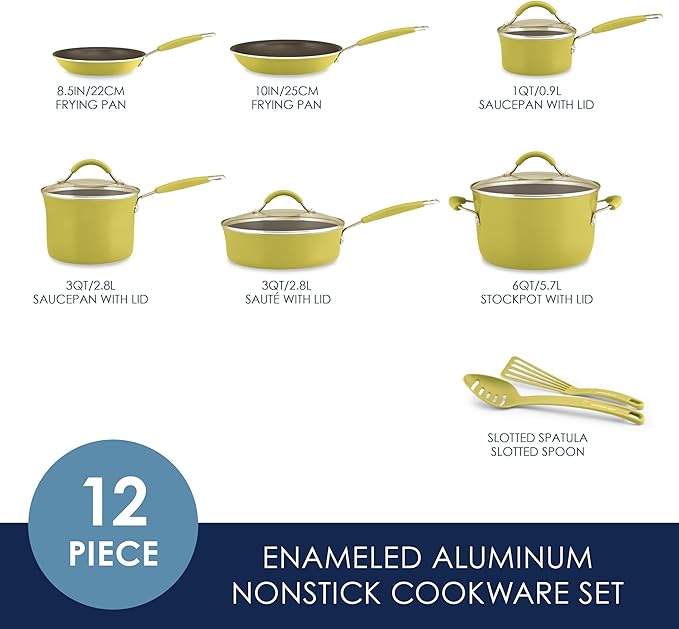 Rachael Ray Cucina Nonstick Cookware Pots and Pans Set, 12 Piece, Lemongrass Green