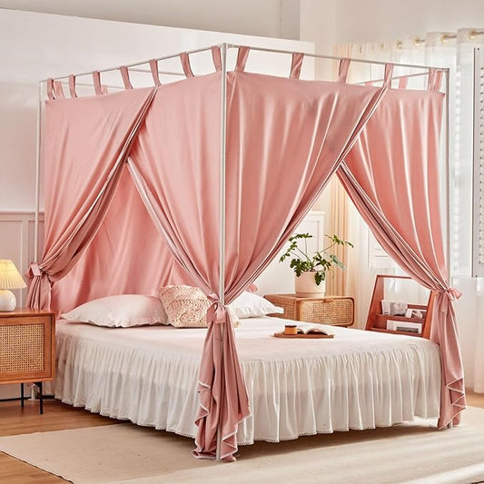 AIKASY Bean Paste Canopy Bed Curtains with Top Ties and Tie Backs for Bedroom Decoration - Twin Size Bed Curtains with Windproof and Lightproof Features