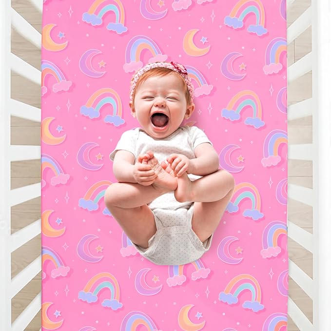 JISEN Baby Crib Sheets Soft Breathable Pink Rainbows Fitted Crib Sheets Baby Sheet for Standard Crib and Toddler Mattress Baby Bed Sheets for Crib for Baby Boys Girls Neutral 52x28 Inch
