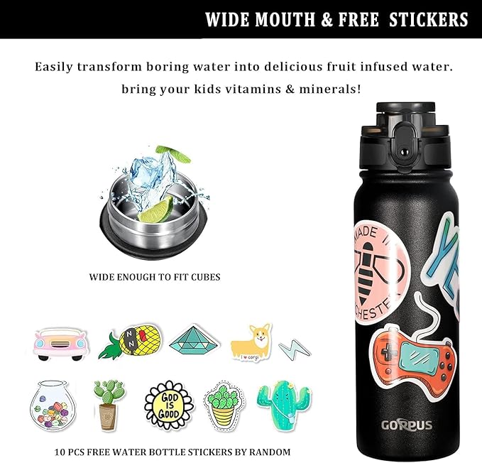 GOPPUS 20oz Insulated Stainless Steel Water Bottle with Straw Lid Reusable Leakproof Water Flask, Keeps Hot and Cold Sports Canteen Water Bottles for Kids Men Women Gym （Black 1 Lid）