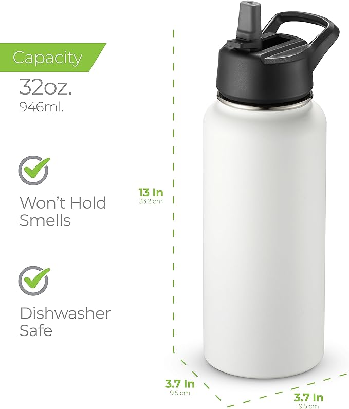 SipX™ Triple-Insulated Stainless Steel Water Bottle 32oz. With 3 Lids, BPA-Free Reusable Insulated Water Bottle Keeps Cold 24 Hours, Metal Water Bottle Made Of Sustainable Material For Hiking & Biking