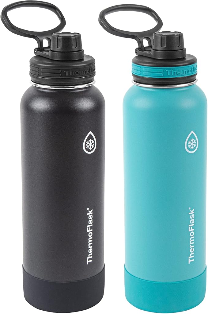 ThermoFlask 40 oz Double Wall Vacuum Insulated Stainless Steel 2-Pack of Water Bottles, Onyx Black/Splash