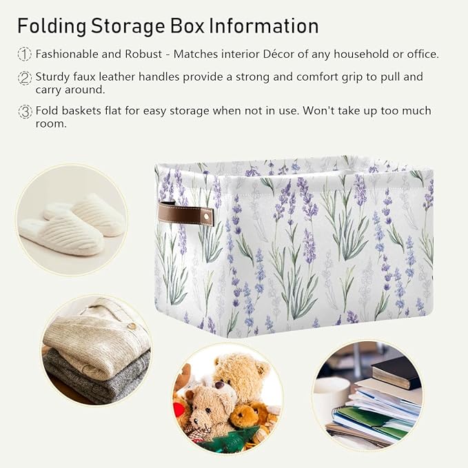 Lavender Flowers Storage Basket Fabric Storage Bin Laundry Baskets, Leaves Green Purple Foldable Storage Boxes Organizer Bag for Baby Cloth Dog Toy Book Storage Cubes Shelf Closet Basket 16×12×8