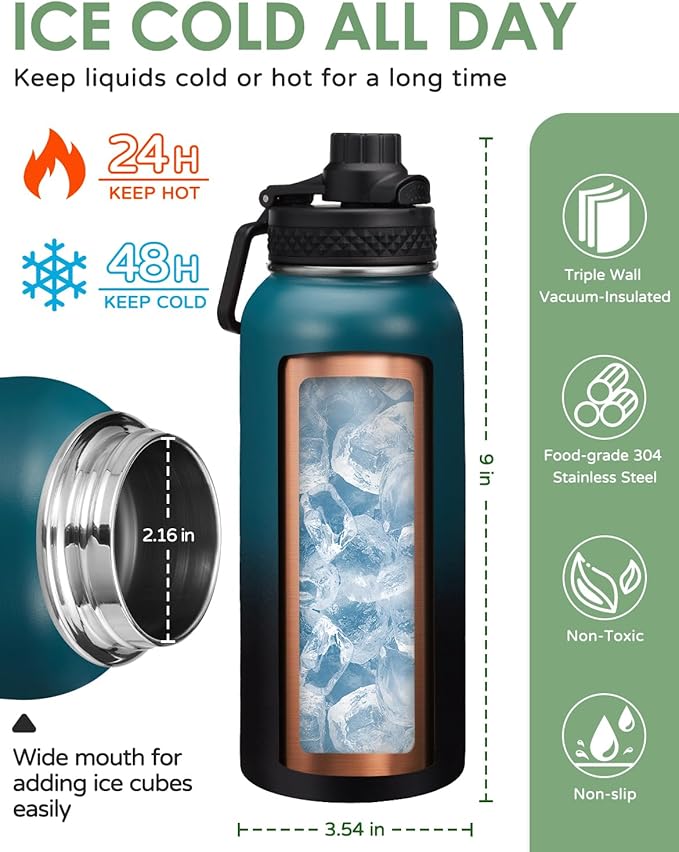 32 oz Water Bottles Insulated Flask - Stainless Steel Metal Hydro Jug Keep Cold-48h & Hot-24h, Triple-Wall Thermal Fitness Sports Water Bottle with Paracord Handle, Straw & Spout Lids, Bottle Sleeve