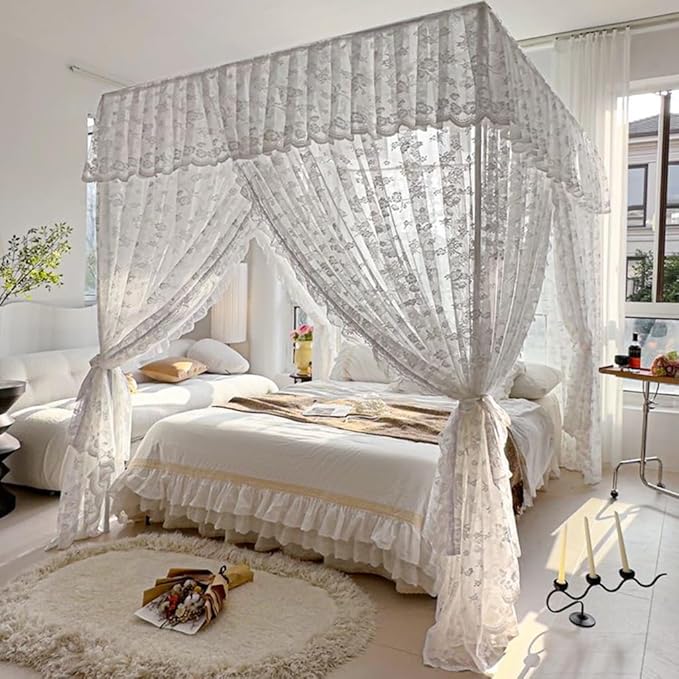 Elegant Princess 4 Corner Post Mosquito Net Romantic for Girls Women Bed Curtain Canopy for Adult Wedding Bedroom Kids Rooms Decoration (Type2-Beige-White, Full)