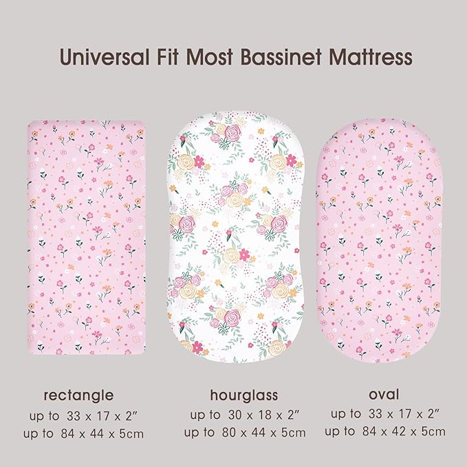PHF Soft Bassinet Sheet Set, 2 Pack Silky Comfy Breathable Cradle Sheets for Baby Boys Girls, Univeral Fit for Most Oval Rectangle Cradle and Bassinet Mattress/Pad, Rose Floral