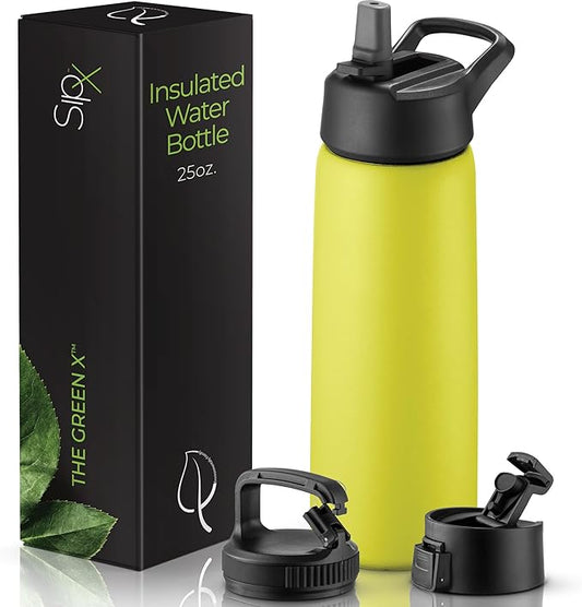SipX™ Triple-Insulated Stainless Steel Water Bottle 25oz. With 3 Lids, BPA-Free Reusable Insulated Water Bottle Keeps Cold 24 Hours, Metal Water Bottle Made Of Sustainable Material For Hiking & Biking