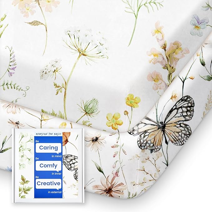 Pack N Play Sheets Fitted, TotBasic Ultra Soft Flower Mini Crib Sheets, Premium Jersey Knit Pack and Play Sheets Girl, Stretchy Play Yard Sheets for Pack and Play Mattress, 2 Pack (Flower Butterfly)