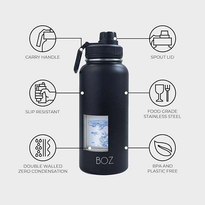 BOZ Stainless Steel Water Bottle XL (1 L / 32oz) Wide Mouth, BPA Free, Vacuum Double Wall Insulated (Matte Black)
