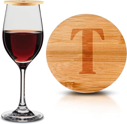 Personalized Wine Glass Charcuterie Topper - Custom Laser Engraved Initial Bamboo Wine Glass Topper Stopper Coasters Plate ID Identification Wine Glass Charcuterie Board Topper (Letter T)