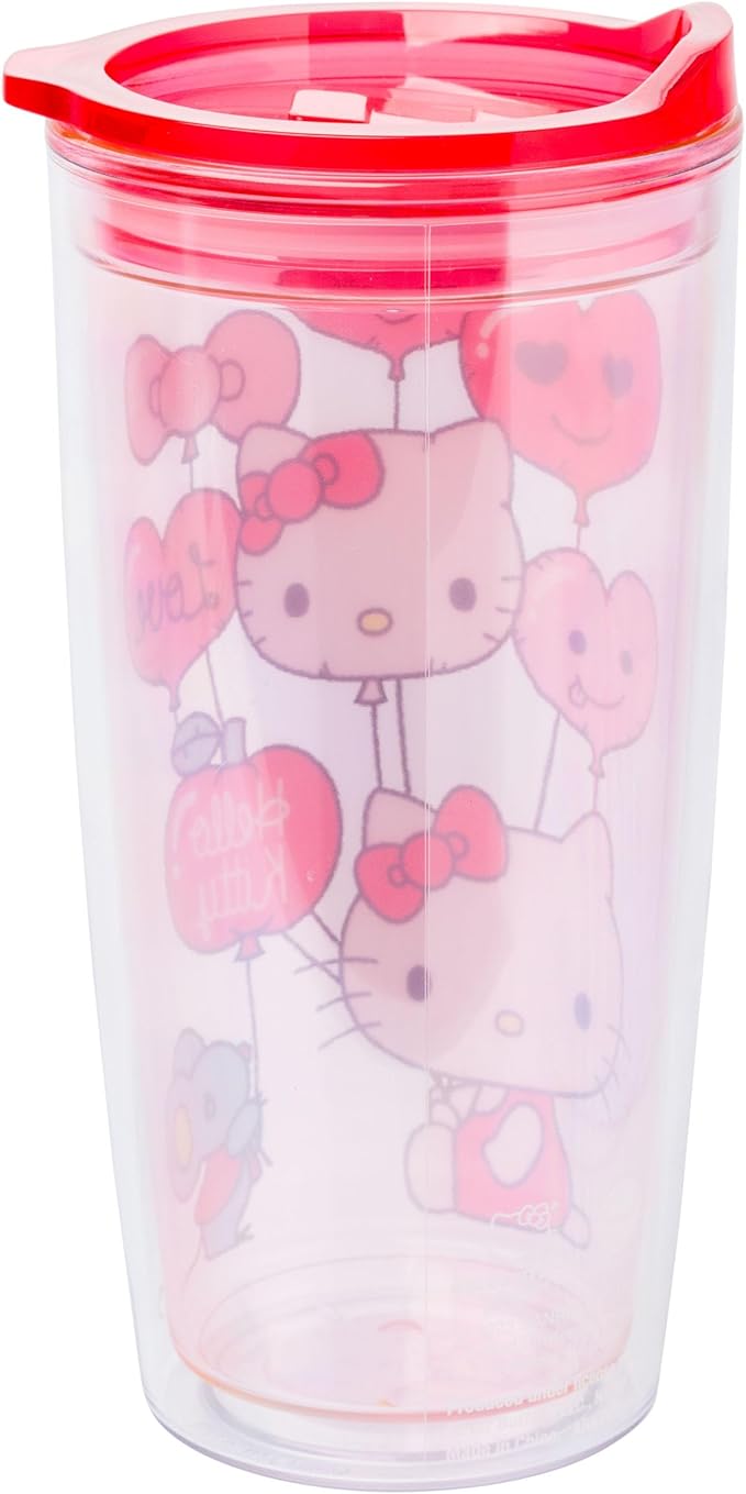 Silver Buffalo Sanrio Hello Kitty Valentine’s Day Heart Balloons Double Wall Travel Tumbler with Slide Close Lid, 20 Ounces