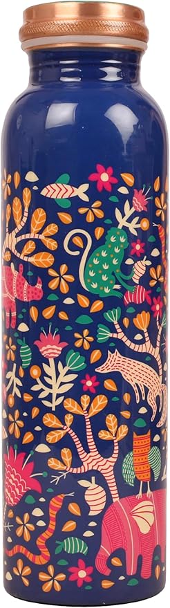 Pure Copper Water Bottle - Handcrafted - Ayurveda Health Benefits -Floral Animals Printed 35 OZ - Leak proof - Easy to carry For Sports, Fitness, Yoga, School - Vintage Enamel.