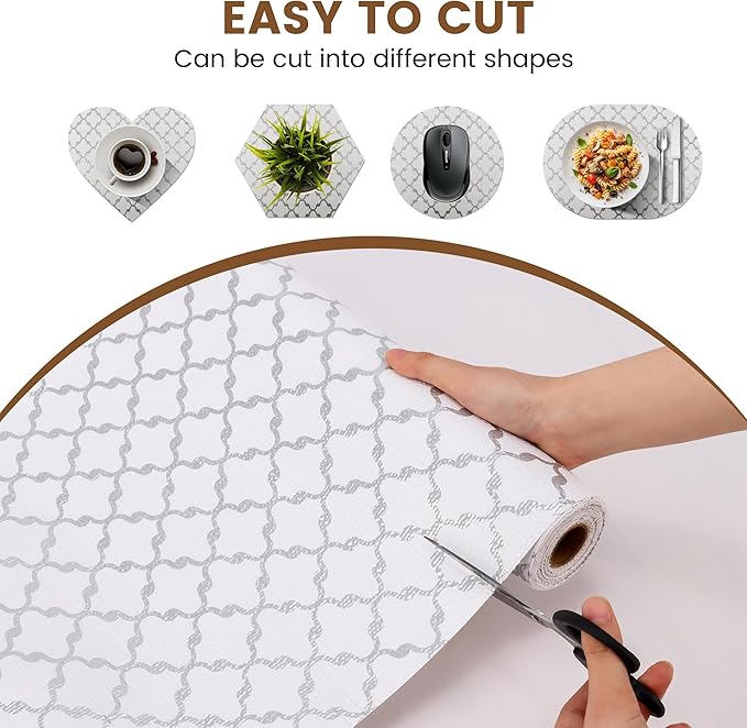 Drawer and Shelf Liner Non Adhesive, Non Slip Kitchen Cabinet Liner, 15 in X 15 FT Waterproof Strong Grip Thick Washable Mat for Cupboard Bathroom Cabinets Shelves Dresser Pantry, White/Elegant Gray