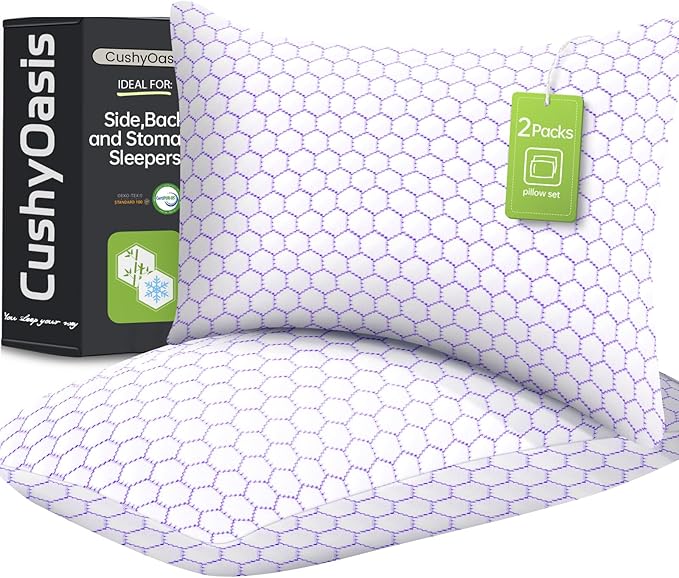 Shredded Foam Pillow for Sleeping, Cooling Bed Pillows Set of 2, Adjustable Pillows for Side, Back, Stomach Sleepers with Washable Pillowcase (Queen Size, Purple)
