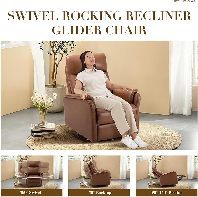 Swivel Rocking Recliner Glider Chair, Leather Reclining Rocker Chair with Footrest for Living Room, Nursery, Office, Bedroom, Ergonomic High Backrest, Wide Seat Cushion and Metal Base-Cocoa