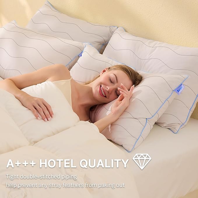 felo Feather Down Pillows Set of 4, Queen Size Goose Pillow for Sleeping, Luxury Hotel Collection Bed Pillow, Support Pillow for Side Back Pain Sleepers, 100% Organic Cotton (20" x 30")