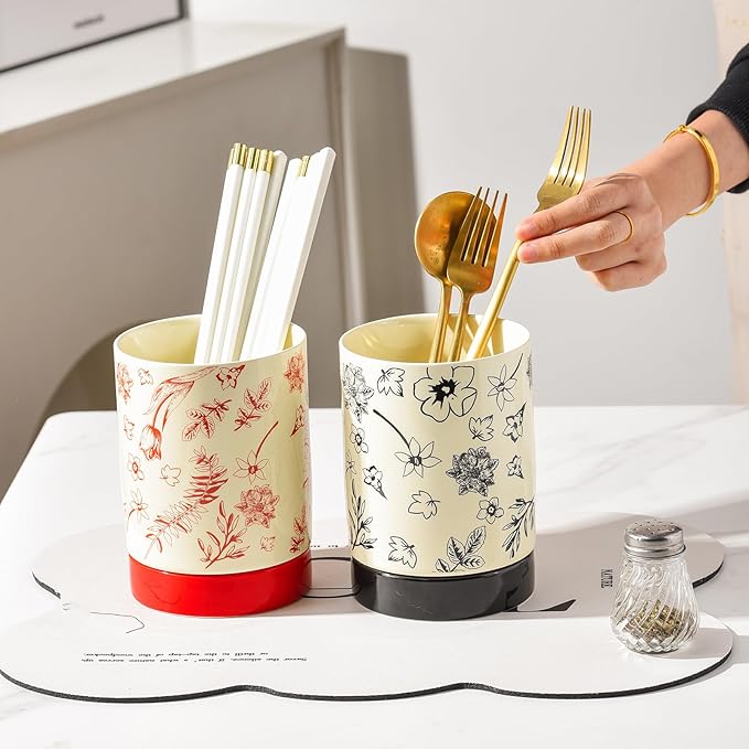 Small Utensil Holder for Kitchen Counter H5.9 x W4.1”, Ceramic Floral Cooking Utensil Crocks Countertop Organizer with Flowers