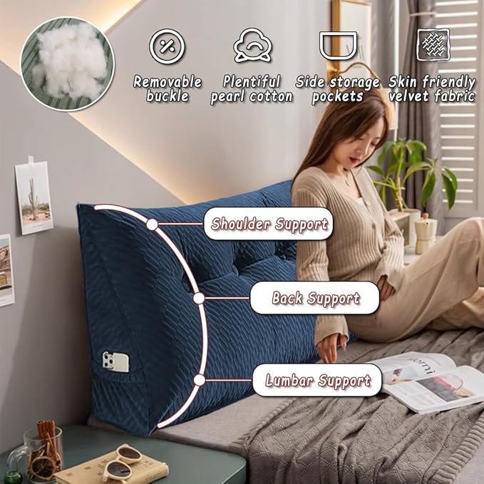 Gradient Velvet Triangular Wedge Pillow, Removable Cover Headboard Pillow for Daybed, Backrest Positioning Support Pillow Cushion Resting Reading Relaxing (Grey, Twin(39 * 20 * 8in))