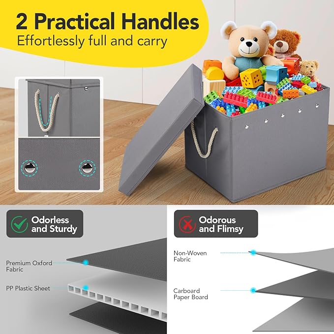 Toy Storage Organizer and Play Mat for Kids - Foldable Organizer Storage Bins with Lids - Detachable Mat Storage Bag Kids Toy Box for Boys, Girls, Nursery, Playroom, 11.6''x11.6''x15.5''(Grey)