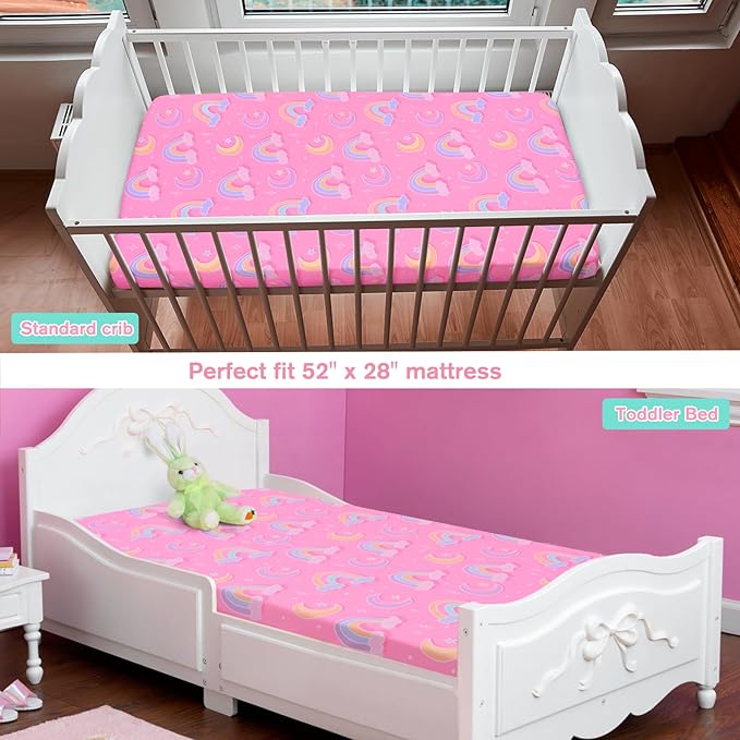 JISEN Baby Crib Sheets Soft Breathable Pink Rainbows Fitted Crib Sheets Baby Sheet for Standard Crib and Toddler Mattress Baby Bed Sheets for Crib for Baby Boys Girls Neutral 52x28 Inch
