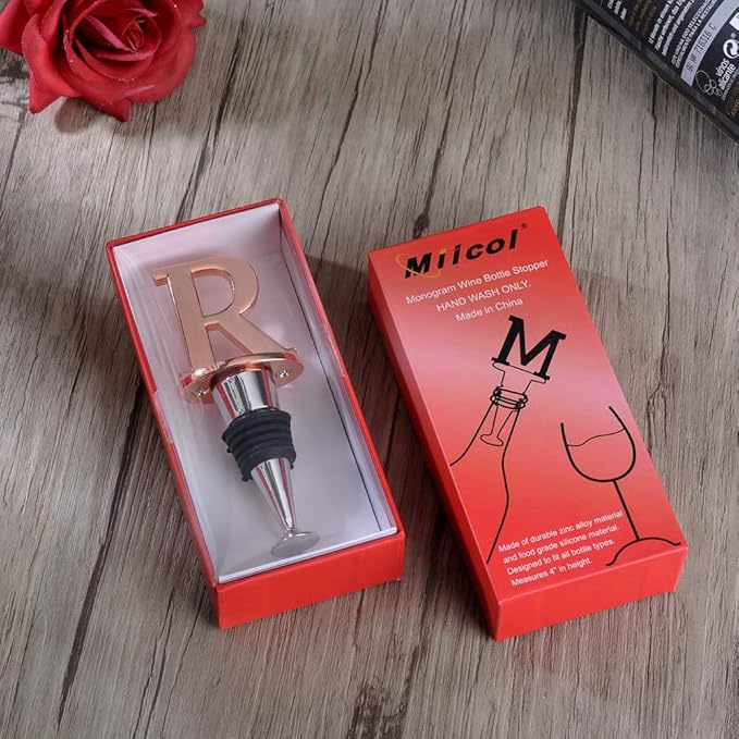 Wine and Beverage Bottle Stopper With Rose Gold Finish-Perfect Presents/Gift Idea for Valentines Day, Mothers Day, Fathers Day, Thanksgiving Day,R-Initial (Letter R)