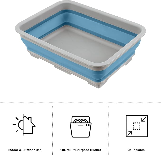 Collapsible Bucket - 10-Liter Multipurpose Wash Bin for Camping, Beach Trips, Tailgating Parties, and Cleaning Supplies by Wakeman (Blue)