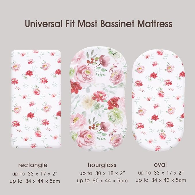 PHF Soft Bassinet Sheet Set, 2 Pack Silky Comfy Breathable Cradle Sheets for Baby Girls, Univeral Fit for Most Cradle and Bassinet Mattress, Watercolor Floral