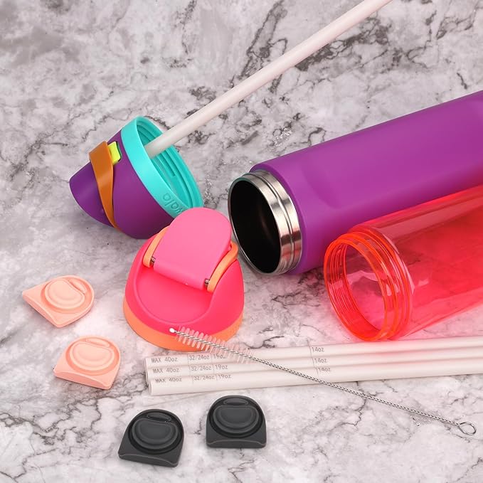 4pcs Replacement Plug Stopper for Owala FreeSip 19/24/25/32/40oz (2 Pink + 2 Gray), with 1 Brush & 4pcs White Straw with Scale for Owala Free Sip Water Bottle Mouth Top Cap Lid Gasket Seal Accessories