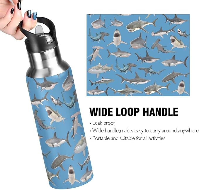 shark hammerhead shark Stainless Steel Water Bottle with Straw Lid - 20 Oz Sports Insulated Water Bottle Thermos for Sport Gym Outdoor Travel School