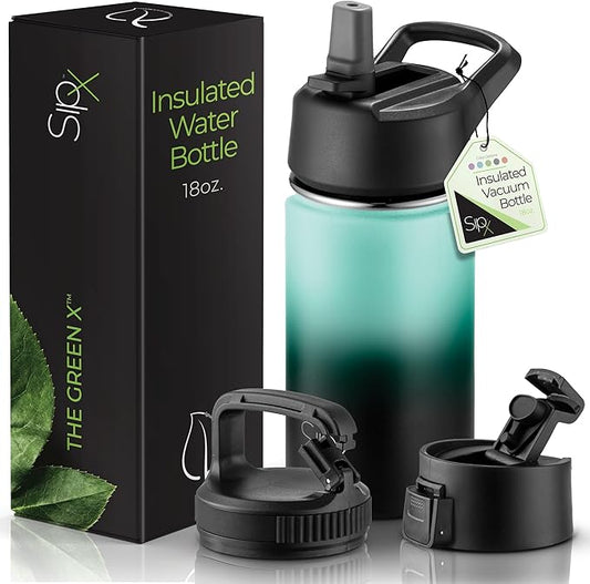 SipX™ Triple-Insulated Stainless Steel Water Bottle 18oz. With 3 Lids, BPA-Free Reusable Insulated Water Bottle Keeps Cold 24 Hours, Metal Water Bottle Made Of Sustainable Material For Hiking & Biking