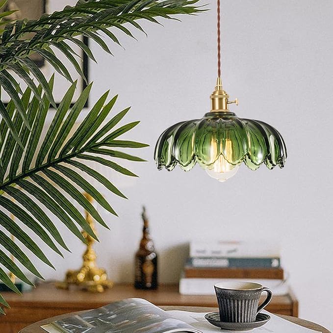 Plug in Hanging Light Fixture, Kitchen Pendant Lighting Glass Pendant Light, Green Pendant Lights for Kitchen Island, Bedroom, Dining Room, Living Room, E26 No Bulb